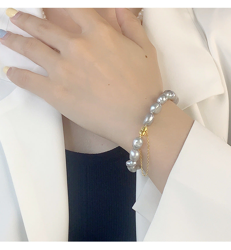 925 Sterling Silver Freshwater Pearl Beaded Chain Bracelets Casual Classic Style