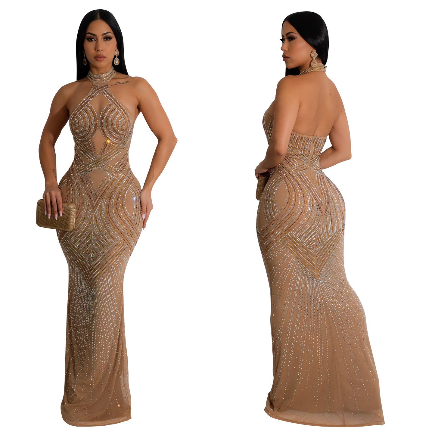 Women's Sheath Dress Elegant Halter Neck Sleeveless Solid Color Maxi Long Dress Cocktail Party