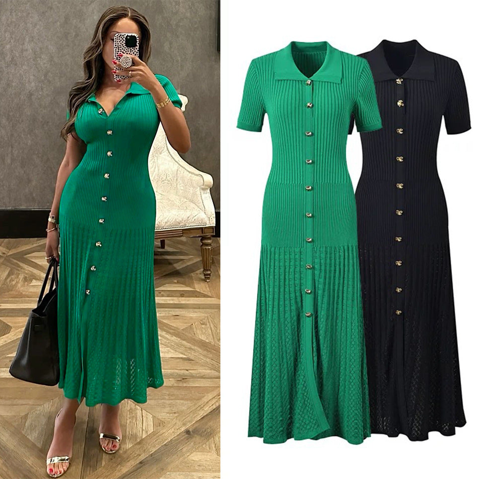 Women's Sheath Dress Simple Style Turndown Button Short Sleeve Solid Color Midi Dress Holiday