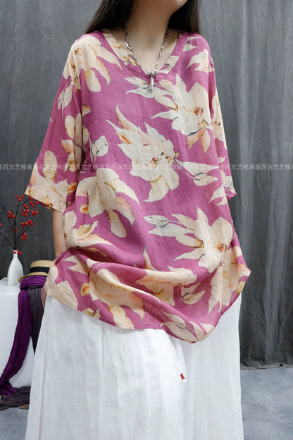 Women Summer Floral Vintage Three-Quarter Sleeve Linen Tunic Blouse