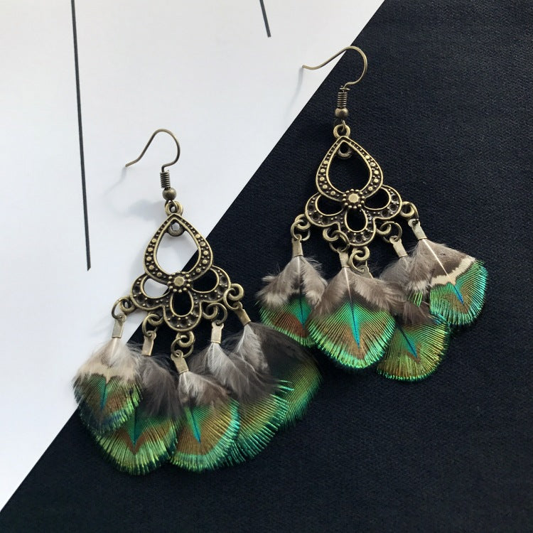 1 Pair Vintage Style Geometric Tassel Alloy Feather Drop Earrings