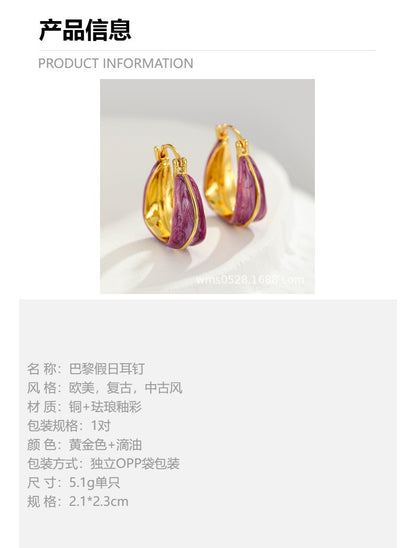中古vintage珐琅釉彩耳订铜镀真金耳饰欧美复古百搭女耳坠批发