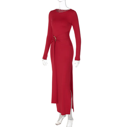 Women's Sheath Dress Elegant Round Neck Thigh Slit Long Sleeve Solid Color Maxi Long Dress Banquet Daily