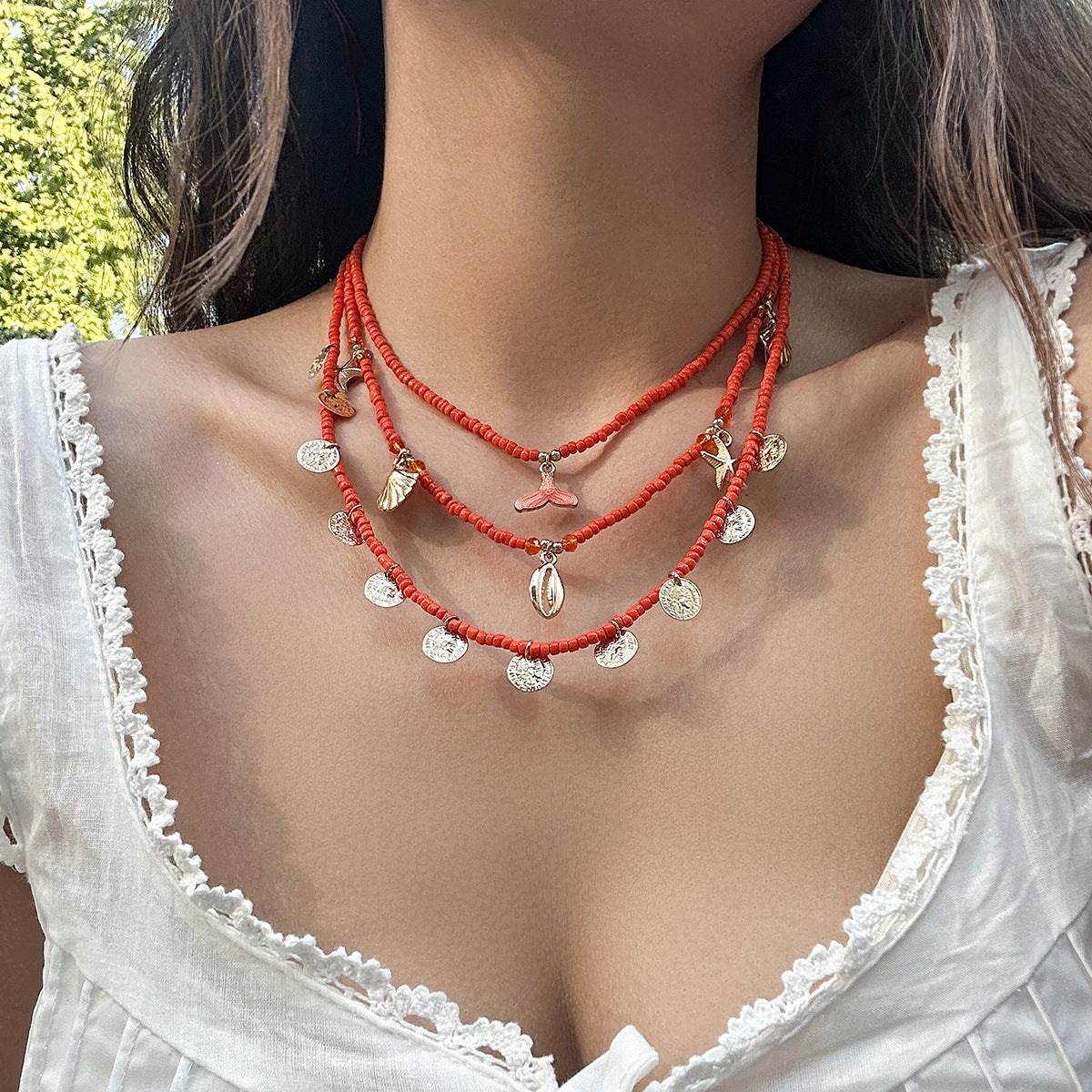 Vacation Pastoral Geometric Alloy Seed Bead Beaded Chain Layered Necklaces