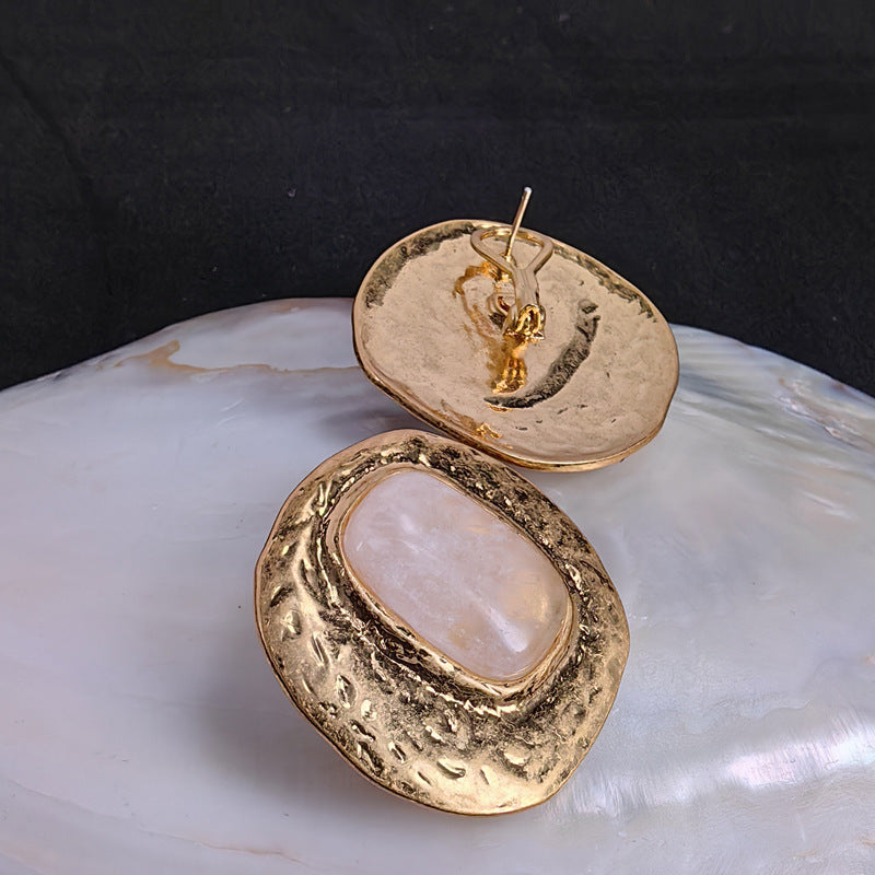 青岛中古vintage饰品天然白水晶耳钉复古夸张个性耳环925银针耳饰