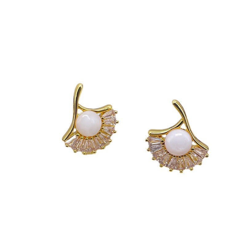 Ginkgo Leaf Shell Zircon Stud Earrings with S925 Posts