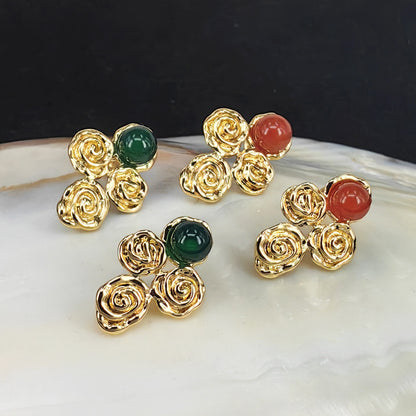 法式中古vintage耳钉复古宫廷玛瑙耳环不规则花朵耳饰925银针批发
