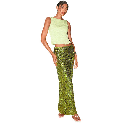 Summer Simple Style Glittery Polyester Maxi Long Dress Skirts