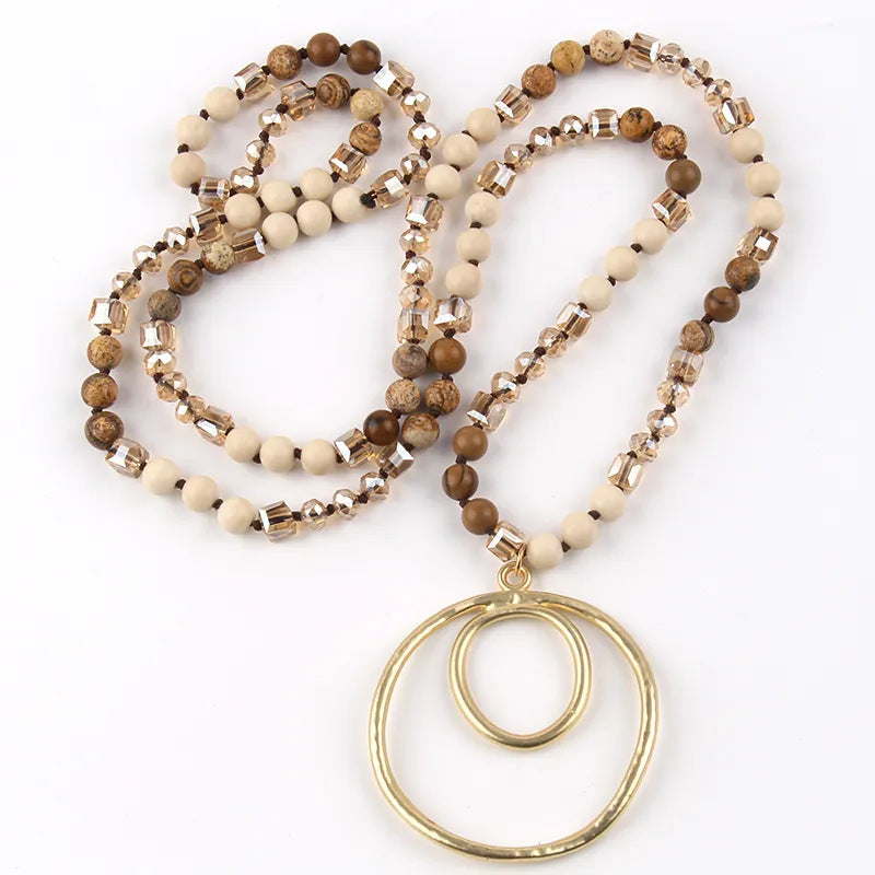 Retro Geometric Semi-precious stone Alloy Glass Beaded Chain Pendant Necklace In Bulk Natural stone necklace