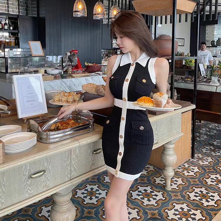 Women's Sheath Dress Elegant Turndown Contrast Binding Button Sleeveless Plaid Above Knee Daily