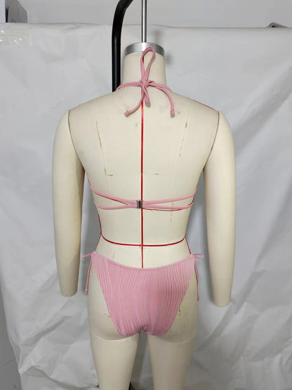 Women's Solid Color Stripe 2 Pieces Set Bikinis Swimwear