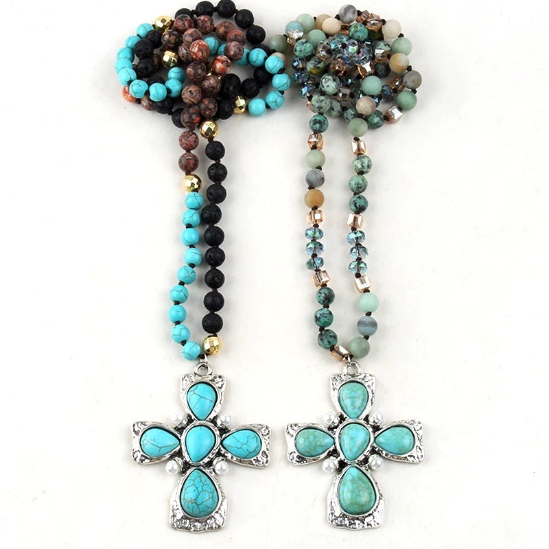 Retro Bohemian Cross natural stone Beaded Chain Pendant Necklace In Bulk Natural stone necklace