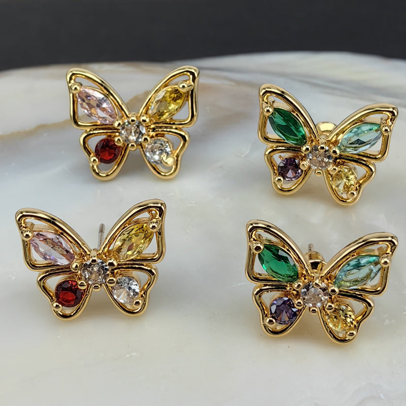 Colorful Zircon Butterfly Stud Earrings with S925 Posts