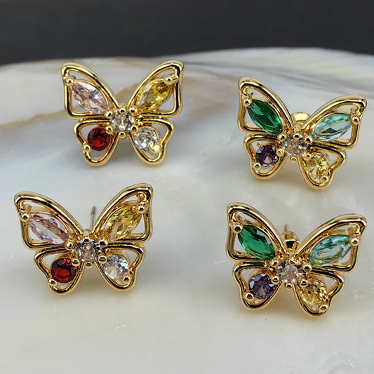 Colorful Zircon Butterfly Stud Earrings with S925 Posts