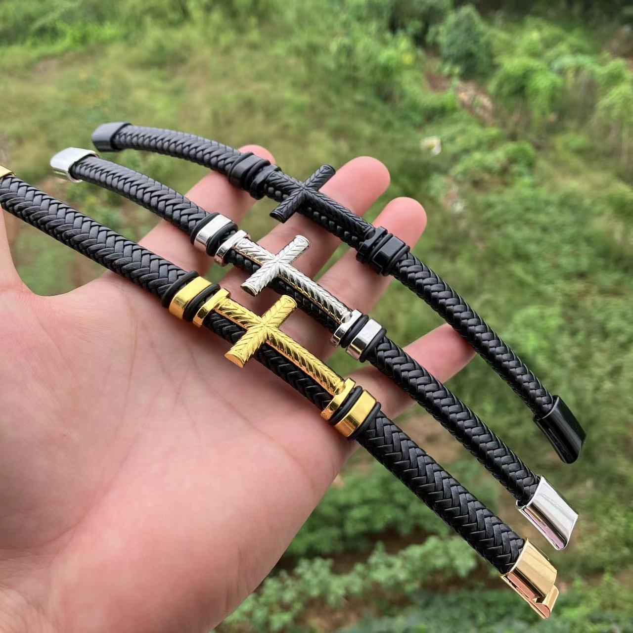 Streetwear Cross Pu Leather Woven Chain Wrap Bracelets