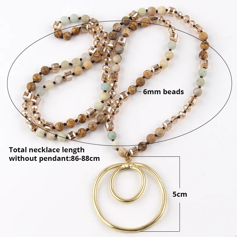 Retro Geometric Semi-precious stone Alloy Glass Beaded Chain Pendant Necklace In Bulk Natural stone necklace