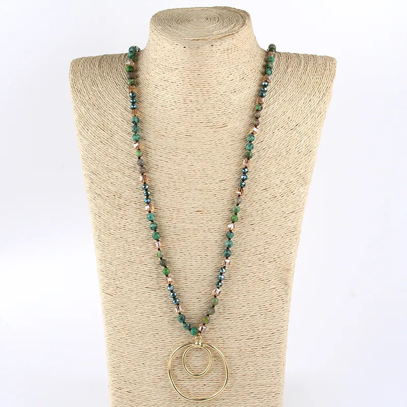 Retro Geometric Semi-precious stone Alloy Glass Beaded Chain Pendant Necklace In Bulk Natural stone necklace