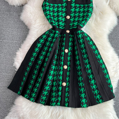 Women's Sheath Dress Elegant Round Neck Button Sleeveless Houndstooth Above Knee Daily