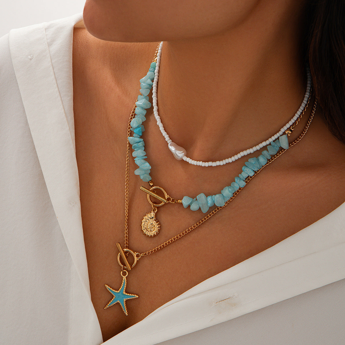 Vacation Star Alloy turquoise Iron Cuban Link Chain Curb Chain Layered Necklaces