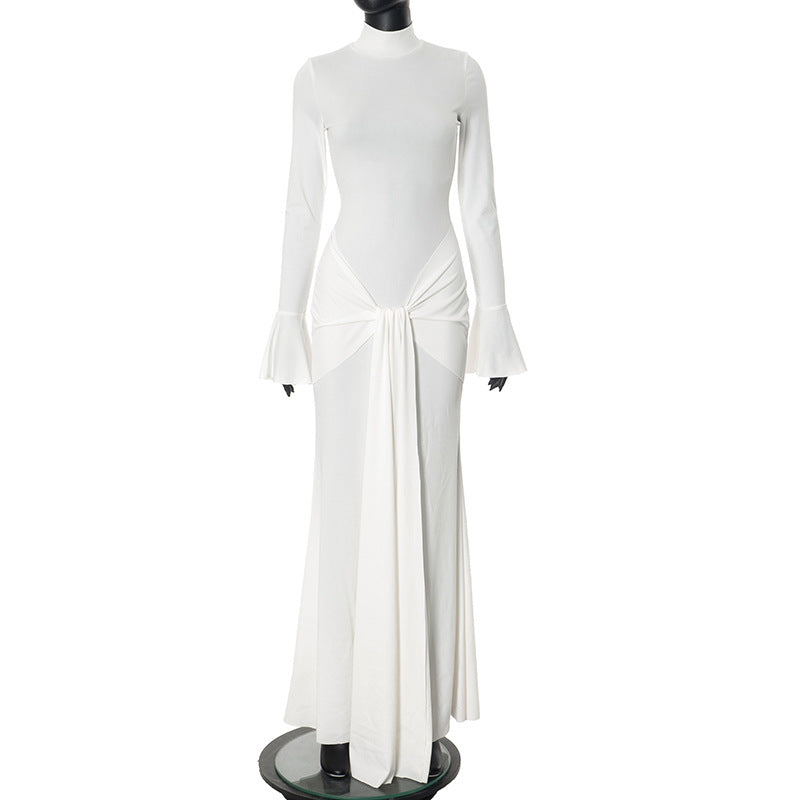 Women's Sheath Dress Streetwear Turtleneck Ribbon Long Sleeve Solid Color Maxi Long Dress Holiday
