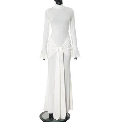 Women's Sheath Dress Streetwear Turtleneck Ribbon Long Sleeve Solid Color Maxi Long Dress Holiday
