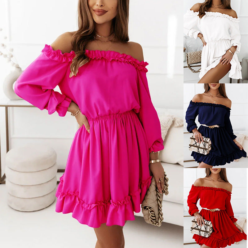 women's regular dress fashion off shoulder patchwork long sleeve solid color above knee daily