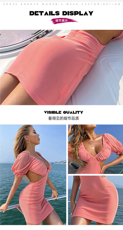 Women's Sheath Dress Elegant Sexy V Neck Hollow Out Short Sleeve Solid Color Above Knee Holiday