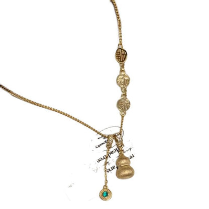 Gold-plated brushed craft lucky gourd necklace, women's yellow-gold Fulu tassel pendant, collarbone chain, gift for girlfriend