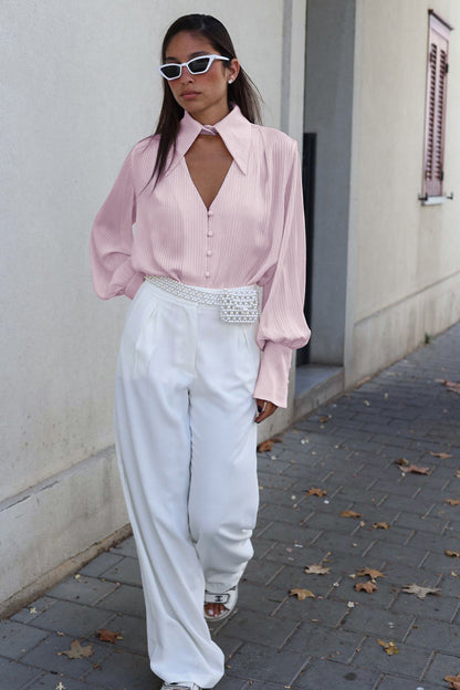 Women's Blouse Long Sleeve Blouses Hollow Out Elegant Stripe