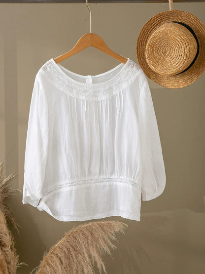 Women Summer Embroidery Vintage Three-Quarter Sleeve Linen Blouse