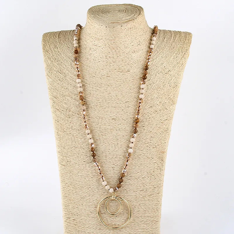Retro Geometric Semi-precious stone Alloy Glass Beaded Chain Pendant Necklace In Bulk Natural stone necklace