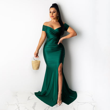 women's party dress elegant v neck short sleeve solid color maxi long dress evening party