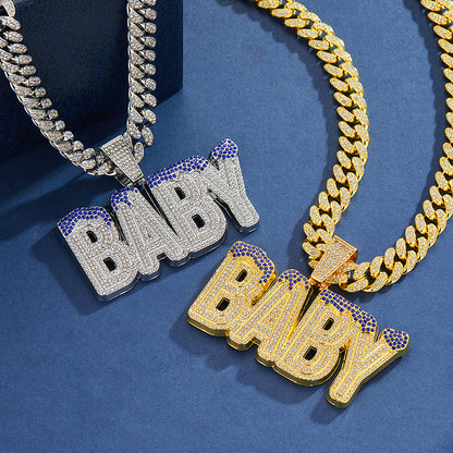 Cross-Border Hot Selling Men's Street Colorful Crystals English Letter Baby Pendant Rapper Hip Hop Cool Cuban Link Chain