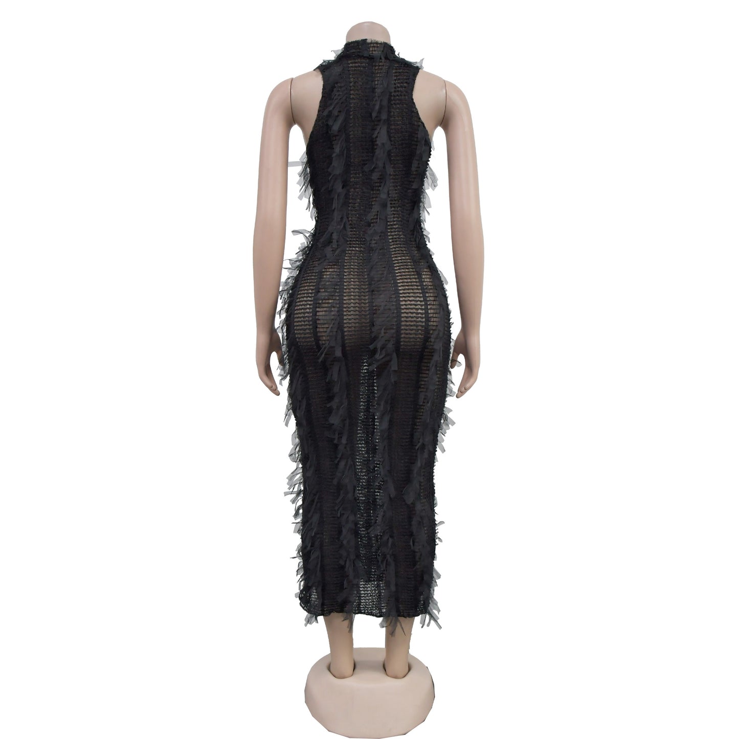 Women's Sheath Dress Elegant Round Neck Feather Sleeveless Mesh Midi Dress Banquet