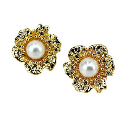 Vintage Flower Pearl Stud Earrings with S925 Posts