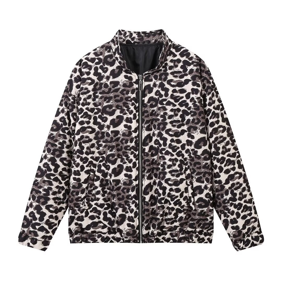Women's Casual Leopard Zipper Coat