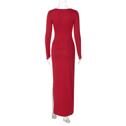 Women's Sheath Dress Elegant Round Neck Thigh Slit Long Sleeve Solid Color Maxi Long Dress Banquet Daily