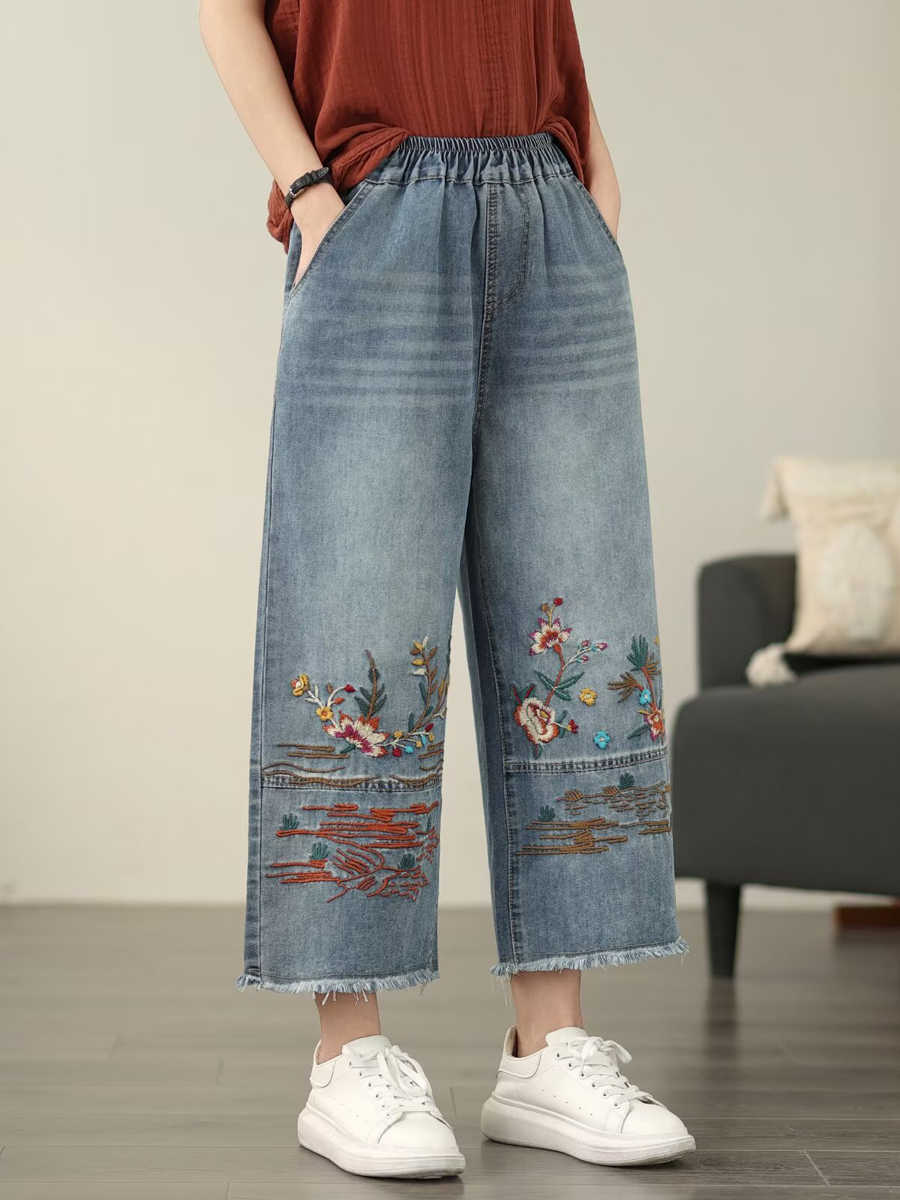 Women Casual Summer Flower Embroidery Denim Straight Pants