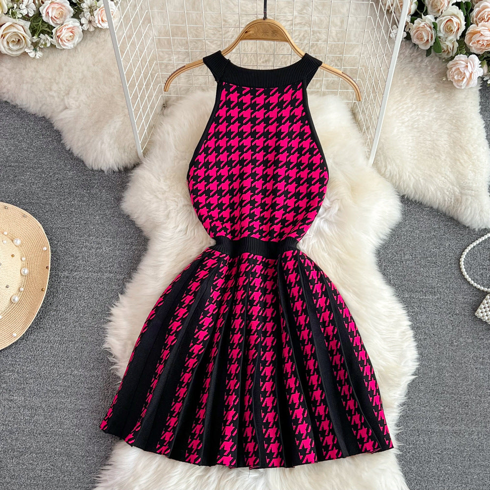 Women's Sheath Dress Elegant Round Neck Button Sleeveless Houndstooth Above Knee Daily