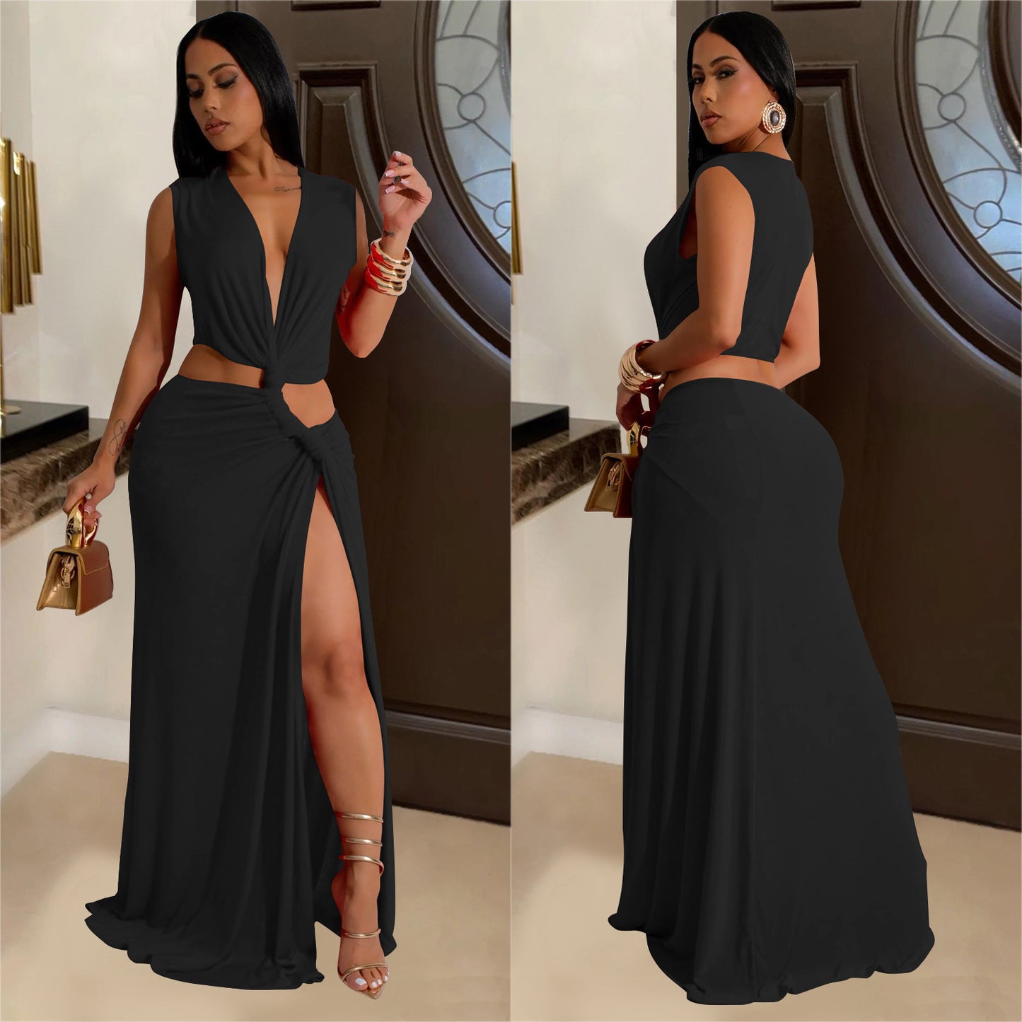 Women's Sheath Dress Elegant Deep V Thigh Slit Sleeveless Solid Color Maxi Long Dress Banquet