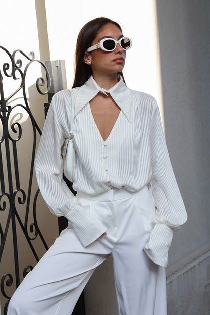Women's Blouse Long Sleeve Blouses Hollow Out Elegant Stripe