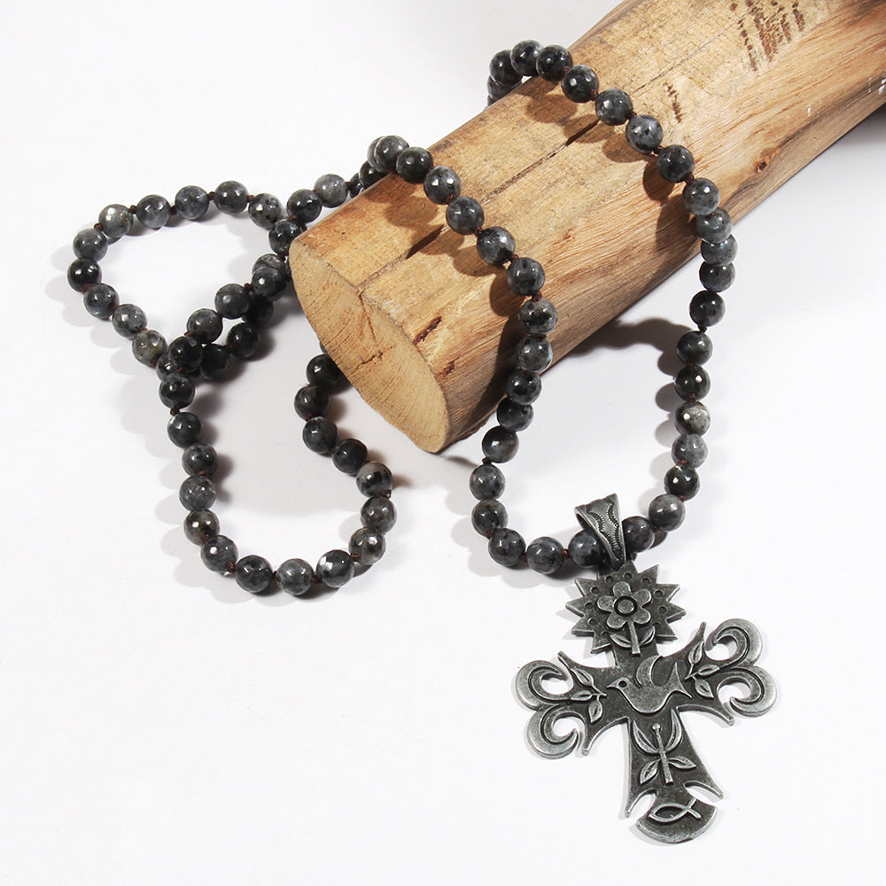 Retro Ethnic Style Geometric Cross Semi-precious stone Alloy Beaded Chain Pendant Necklace Long Necklace In Bulk Natural stone necklace