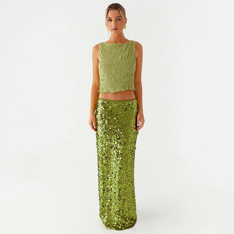 Summer Simple Style Glittery Polyester Maxi Long Dress Skirts