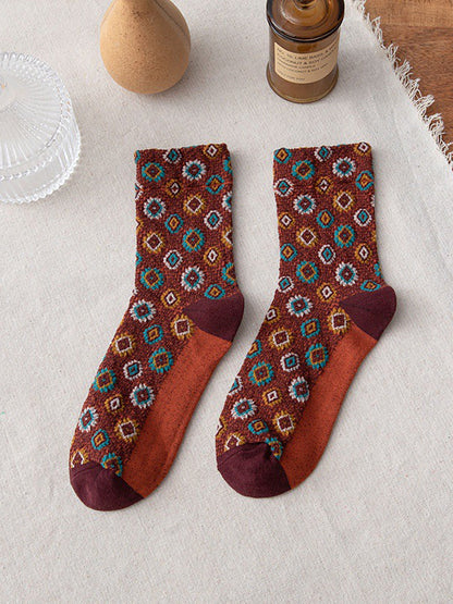Women Floral Vintage Casual Autumn Winter Socks 5 Pairs