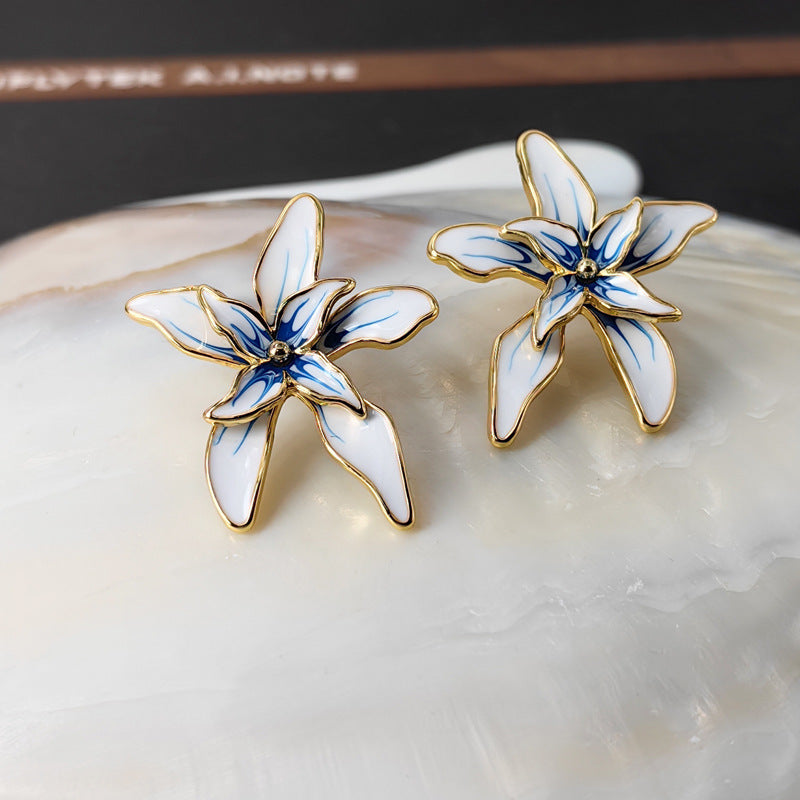 Vintage Enamel Flower Drop Earrings with S925 Posts