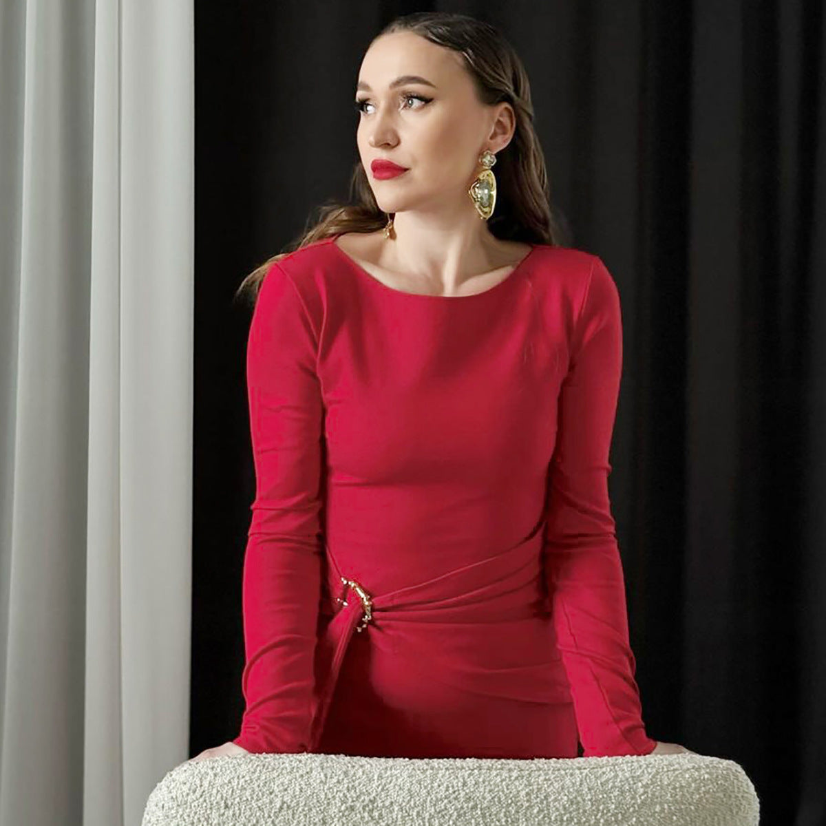 Women's Sheath Dress Elegant Round Neck Thigh Slit Long Sleeve Solid Color Maxi Long Dress Banquet Daily
