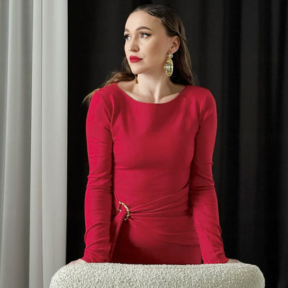Women's Sheath Dress Elegant Round Neck Thigh Slit Long Sleeve Solid Color Maxi Long Dress Banquet Daily
