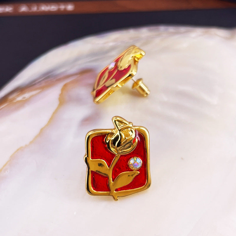 Vintage Enamel Flower Stud Earrings with S925 Posts