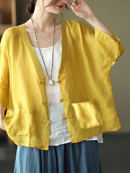 Plus Size - Ramie Pocket Vintage Sunscreen Cardigans Top