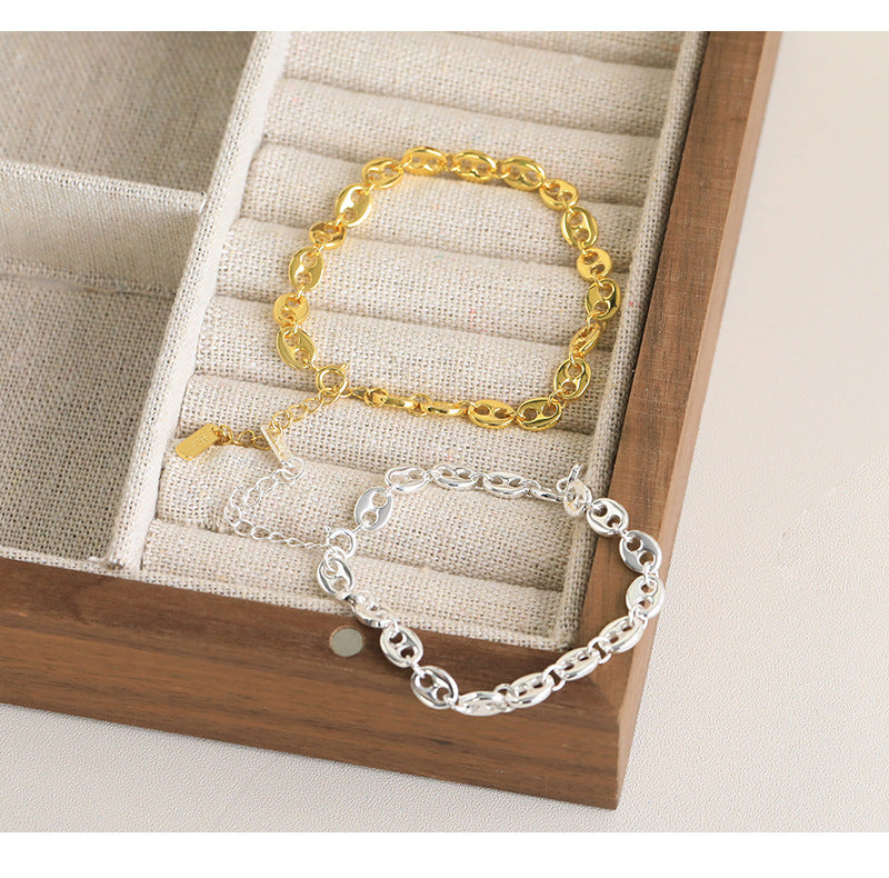 925 Sterling Silver Pig Nose Chain Bracelets Classic Style